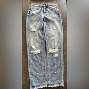Bershka Light Blue Distressed Jeans with Pearl Details Sz 00